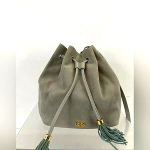 UGG Designer Gray Blue Suede Tassel Drawstring Bucket Crossbody Bag purse